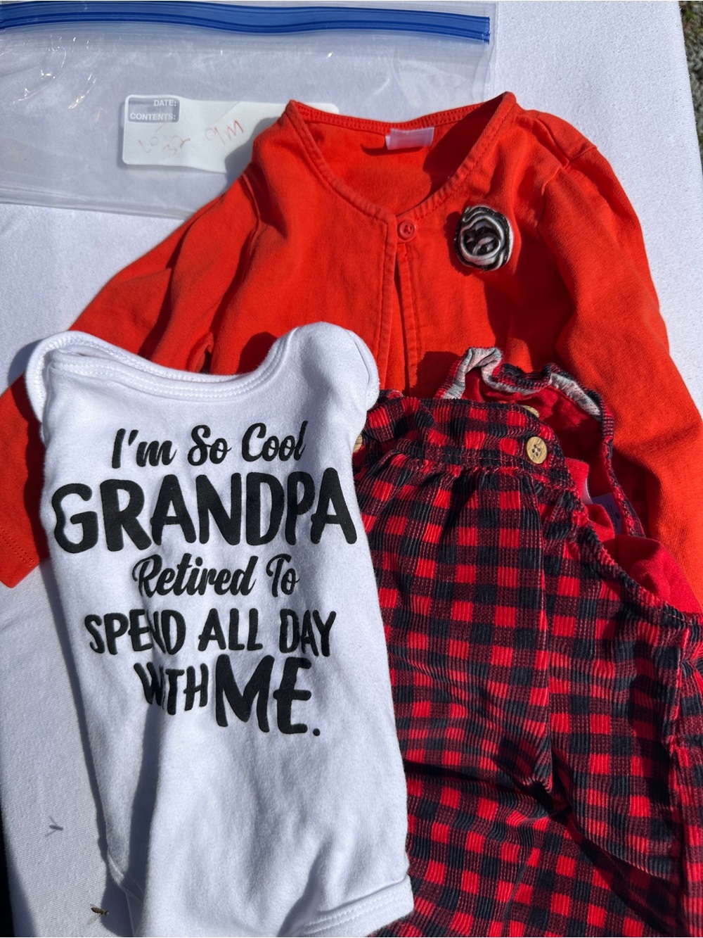 Red Cardigan & Plaid Overalls Baby Set with White Grandpa Onesie(32)